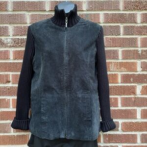 Vintage R Wear 90s Y2K black leather sweater sleeve Full zipper jacket Sz M